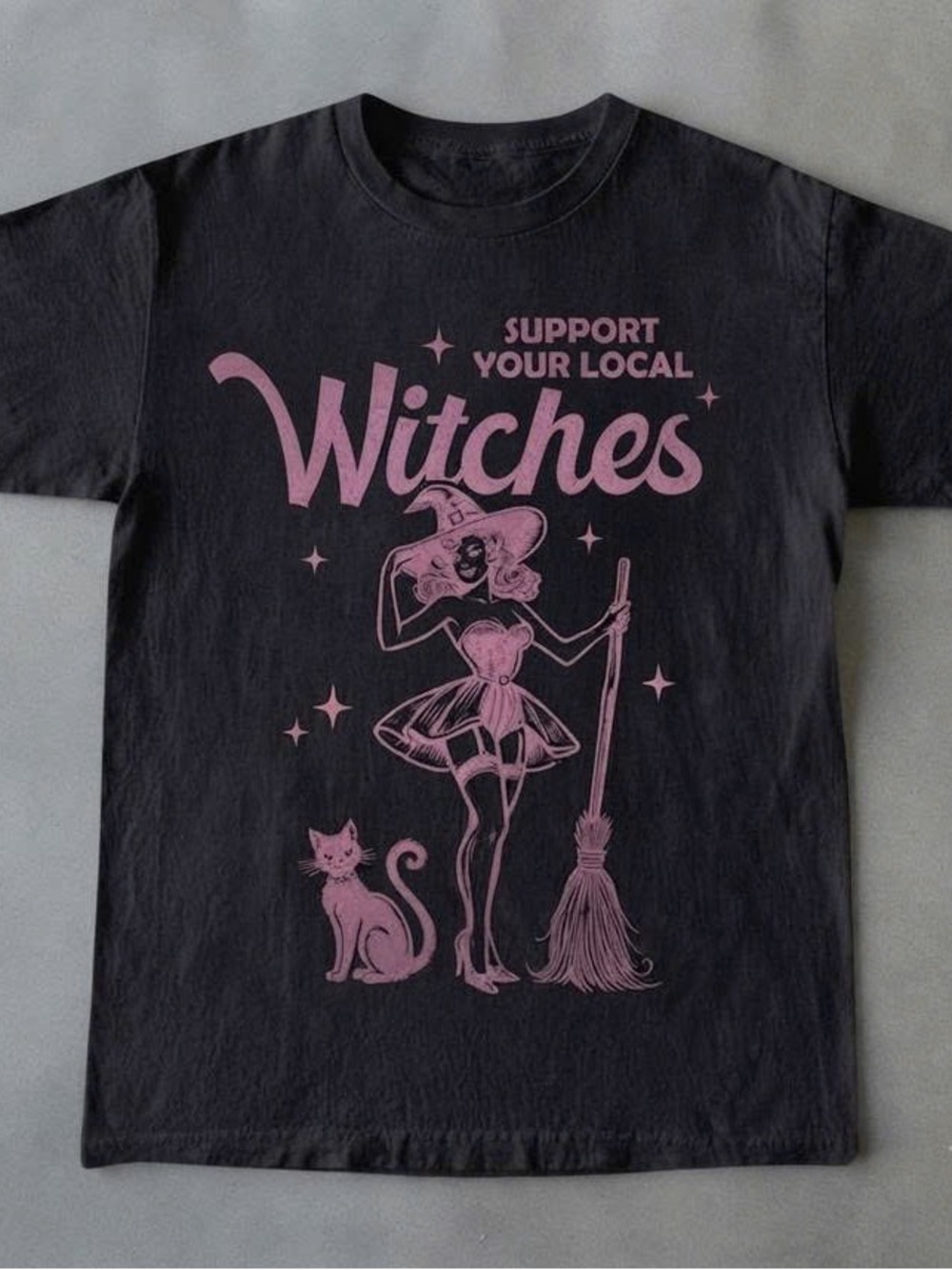 Black Tee with Pink 'Witches' Graphic